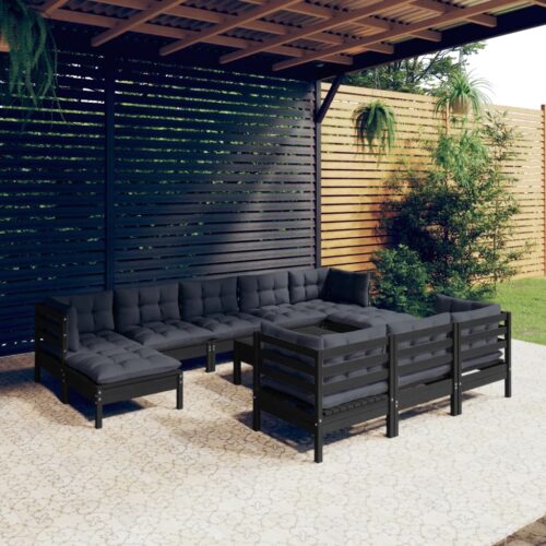 11-Piece Garden Lounge Set with Cushions Black Pine Wood Outdoor Patio Furniture - Image 2