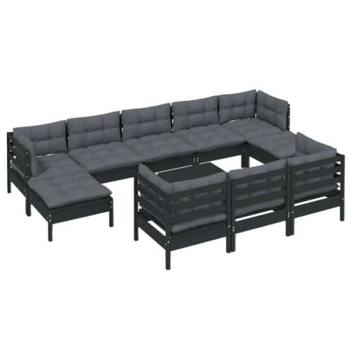 11-Piece Garden Lounge Set with Cushions Black Pine Wood Outdoor Patio Furniture - Image 3