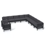 11-Piece Garden Lounge Set with Cushions Black Pine Wood Outdoor Patio Furniture