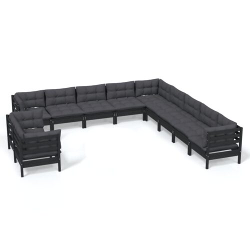 11-Piece Garden Lounge Set with Cushions Black Pine Wood Outdoor Patio Furniture