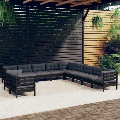 11-Piece Garden Lounge Set with Cushions Black Pine Wood Outdoor Patio Furniture - Image 2
