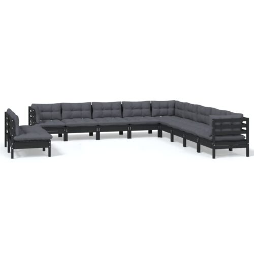 11-Piece Garden Lounge Set with Cushions Black Pine Wood Outdoor Patio Furniture