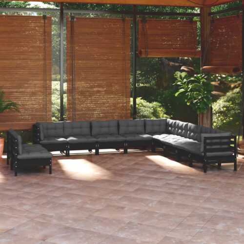 11-Piece Garden Lounge Set with Cushions Black Pine Wood Outdoor Patio Furniture - Image 2