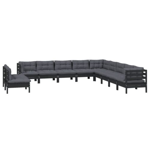 11-Piece Garden Lounge Set with Cushions Black Pine Wood Outdoor Patio Furniture - Image 3