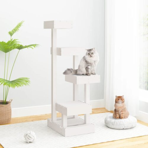 Cat Tree White 45.5x49x103cm Solid Pine Wood