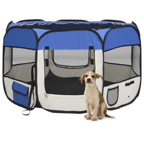 Foldable Dog Playpen with Carrying Bag Blue 110x110x58cm