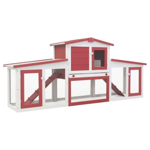 Outdoor Large Rabbit Hutch Red White 201x45x85cm Wood
