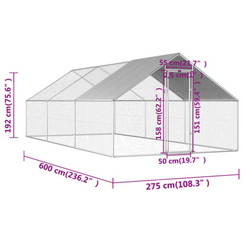 Outdoor Chicken Cage 2.75x8x1.92mGalvanised Steel - Image 6