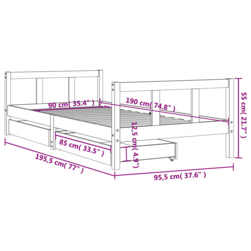 Kids Bed Frame with Drawers White 90x190cm Solid Wood Pine - Image 10