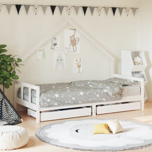 Kids Bed Frame with Drawers White 90x190cm Solid Wood Pine