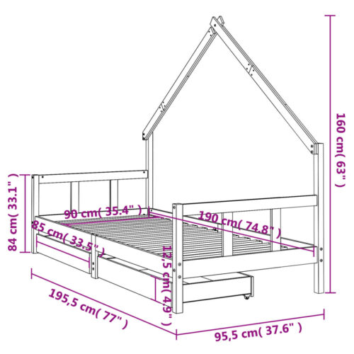 Kids Bed Frame with Drawers White 90x190cm Solid Wood Pine - Image 10