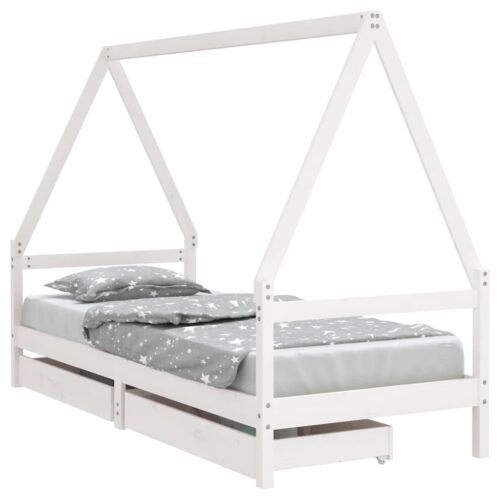 Kids Bed Frame with Drawers White 90x190cm Solid Wood Pine - Image 2