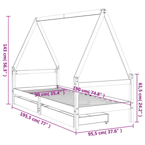 Kids Bed Frame with Drawers White 90x190cm Solid Wood Pine - Image 10