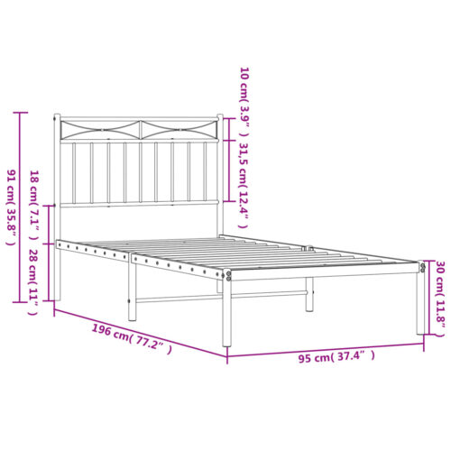 Metal Bed Frame with Headboard White 90x190cm - Image 9