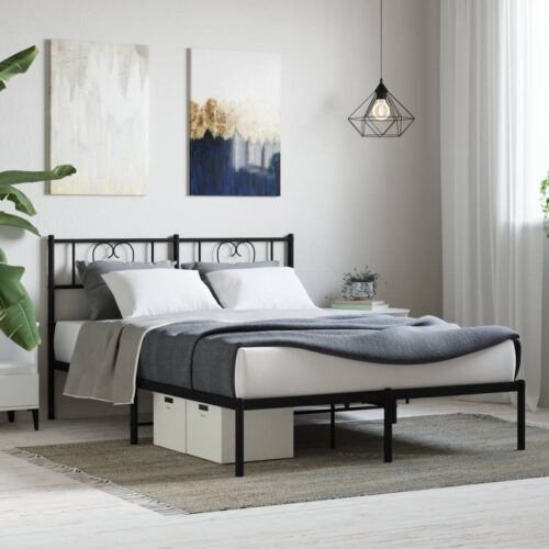 Metal Bed Frame with Headboard Black 150x200cm