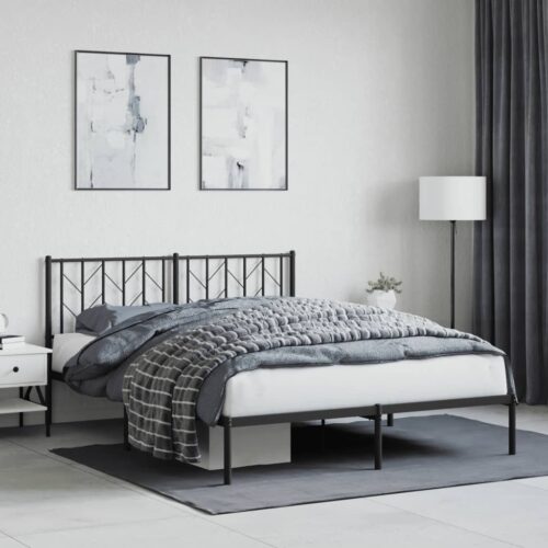 Metal Bed Frame with Headboard Black 150x200cm