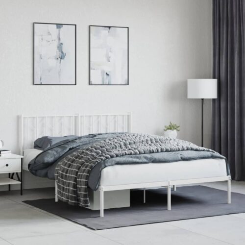 Metal Bed Frame with Headboard White 150x200cm