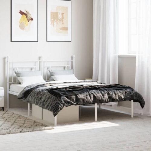 Metal Bed Frame with Headboard White 135x190cm
