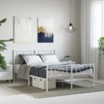 Metal Bed Frame with Footboard White 150x200cm