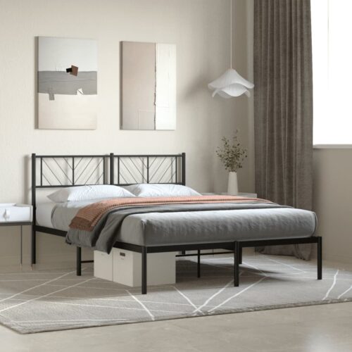 Metal Bed Frame with Headboard Black 150x200cm