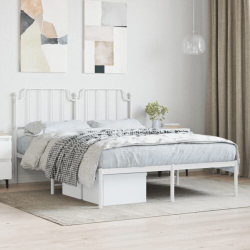 Metal Bed Frame with Headboard White 150x200cm