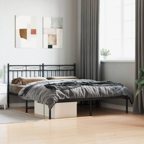 Metal Bed Frame with Headboard Black 150x200cm
