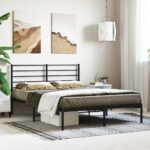 Metal Bed Frame with Headboard Black 150x200cm