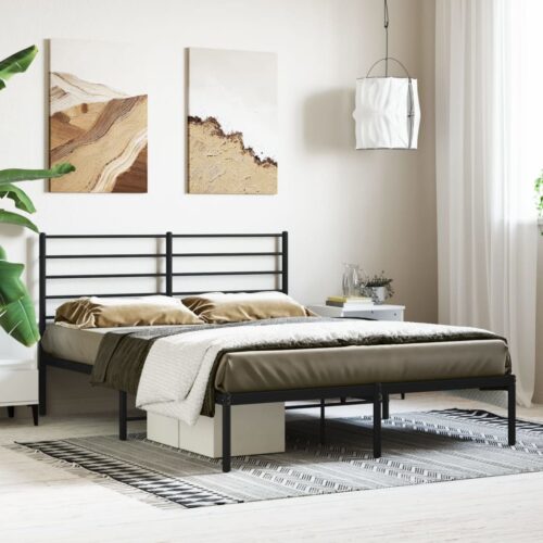 Metal Bed Frame with Headboard Black 150x200cm