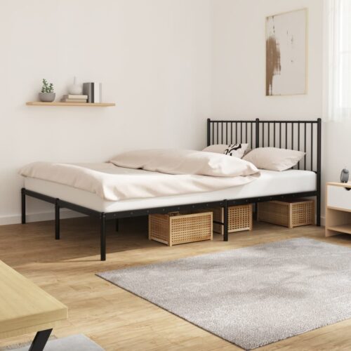 Metal Bed Frame with Headboard Black 150x200cm