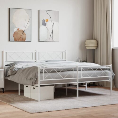Metal Bed Frame with Footboard White 150x200cm