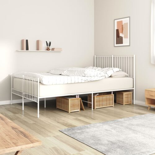 Metal Bed Frame with Footboard White 135x190cm