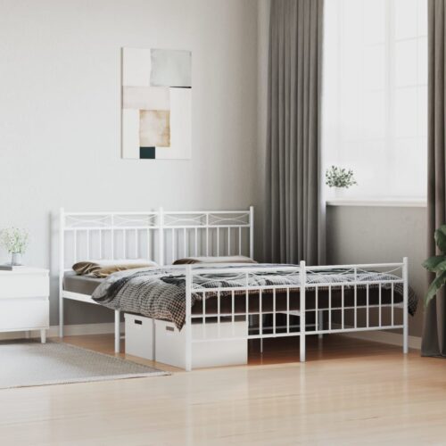 Metal Bed Frame with Footboard White 150x200cm