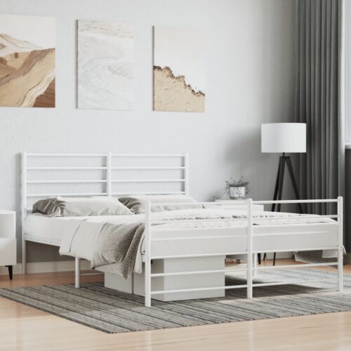 Metal Bed Frame with Footboard White 150x200cm