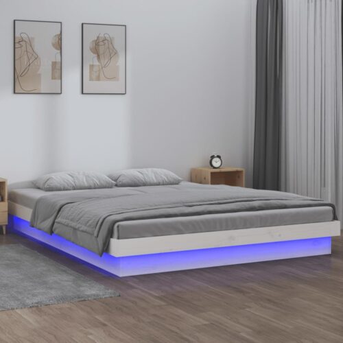 LED Bed Frame White 135x190cm Solid Wood