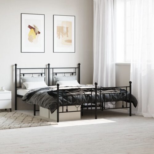 Metal Bed Frame with Footboard Black 150x200cm