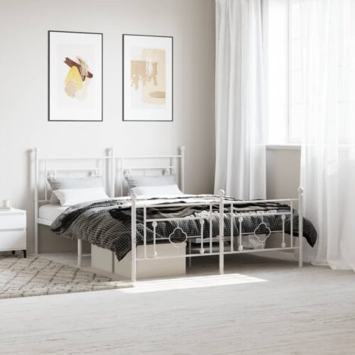 Metal Bed Frame with Footboard White 150x200cm