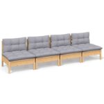 4-Seater Garden Sofa with Grey Cushions Outdoor Patio Lounge Chairs Furniture Pine Wood