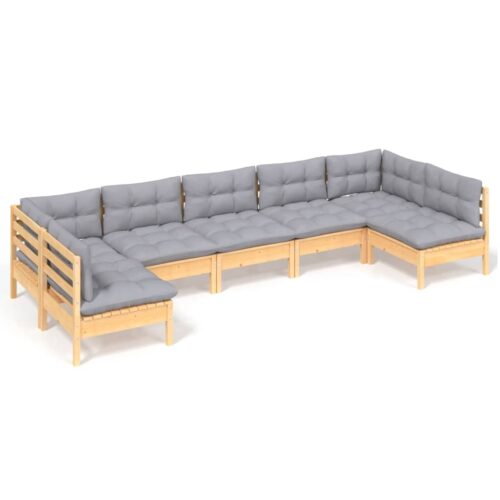 7-Piece Garden Lounge Set with Grey Cushions Pine Wood Outdoor Patio Furniture