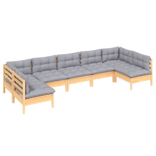7-Piece Garden Lounge Set with Grey Cushions Pine Wood Outdoor Patio Furniture - Image 3
