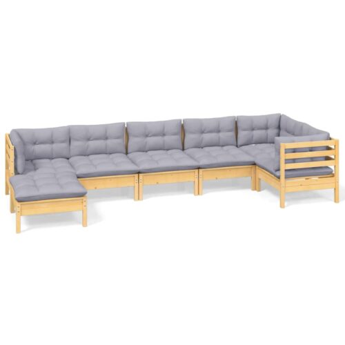 7-Piece Garden Lounge Set with Grey Cushions Pine Wood Outdoor Patio Furniture