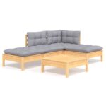 5-Piece Garden Lounge Set with Grey Cushions Pine Wood Outdoor Patio Furniture