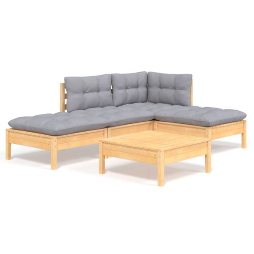 5-Piece Garden Lounge Set with Grey Cushions Pine Wood Outdoor Patio Furniture
