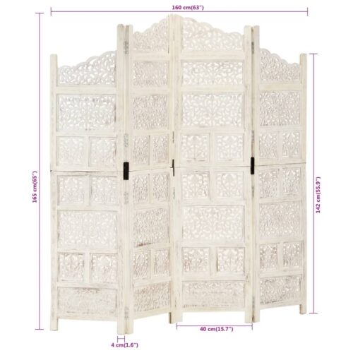 Hand carved 4-Panel Room Divider White 160x165cm Solid Mango Wood - Image 7