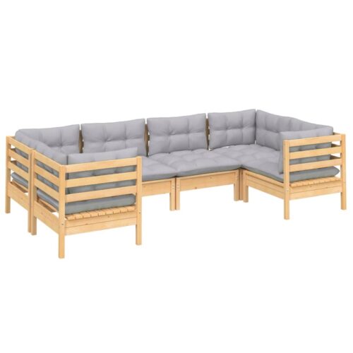 6-Piece Garden Lounge Set with Grey Cushions Pine Wood Outdoor Patio Furniture - Image 3