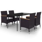 5-Piece Garden Dining Set with Cushions Poly Rattan Wicker Outdoor Patio Furniture Glass