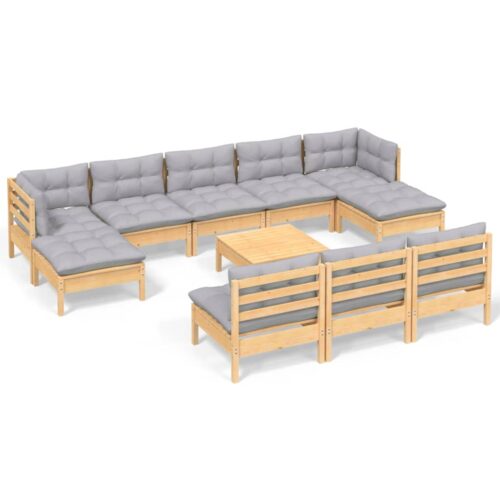 11-Piece Garden Lounge Set with Grey Cushions Pine Wood Outdoor Patio Furniture