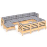 11-Piece Garden Lounge Set with Grey Cushions Pine Wood Outdoor Patio Furniture