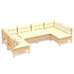 6-Piece Garden Lounge Set with Cream Cushions Pine Wood Outdoor Patio Furniture