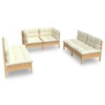6-Piece Garden Lounge Set with Cream Cushions Pine Wood Outdoor Patio Furniture