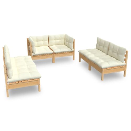 6-Piece Garden Lounge Set with Cream Cushions Pine Wood Outdoor Patio Furniture